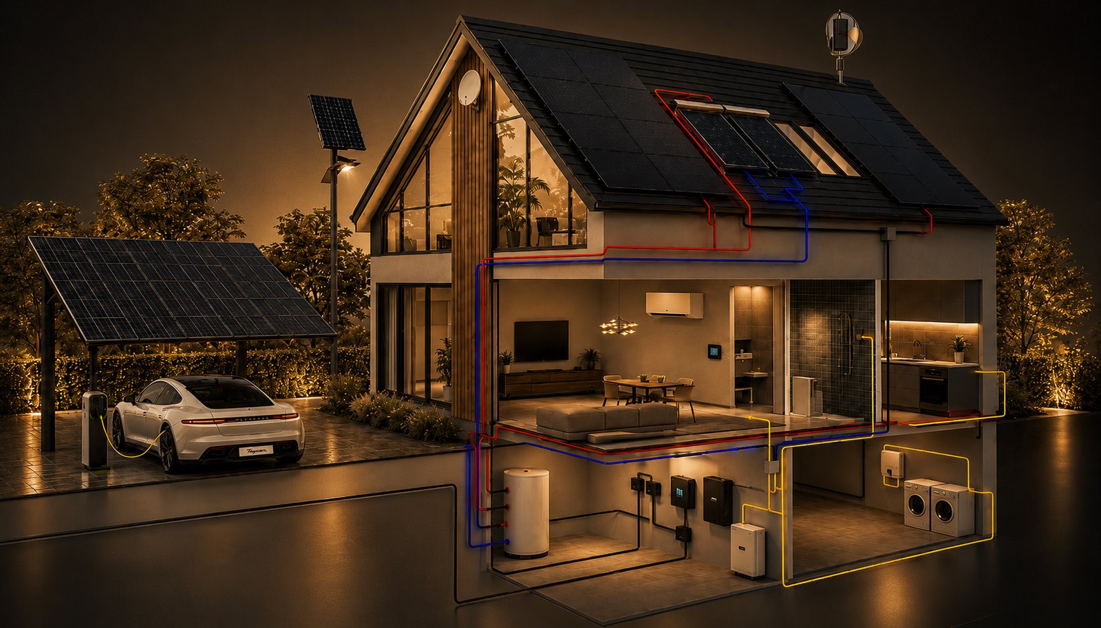 Modernes Haus mit Photovoltaik, Wärmepumpe, Lüftung, Stromspeicher und E-Auto-Ladung – Haustechnik Bohr